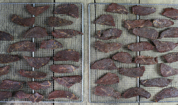 Jerky Kit - Buttery Prime Rib - homemade jerky on a jerky screen for smoker
