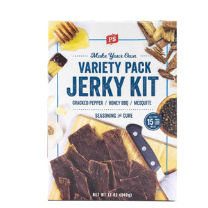PS Seasoning Variety Jerky Kit — 15 lb three-flavor jerky kit with Cracked Pepper & Garlic, Honey BBQ, and Mesquite seasonings plus jerky cure
