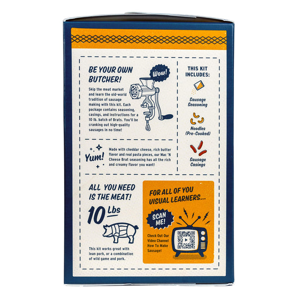 Mac 'N Cheese Sausage Kit side panel - PS Seasoning - includes seasoning, casings, and pasta pieces