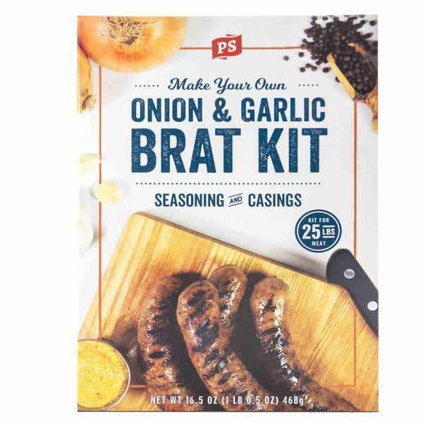 PS Seasoning Onion & Garlic Bratwurst Kit — complete 25 lb Wisconsin-style brat kit with onion-garlic bratwurst seasoning and casings
