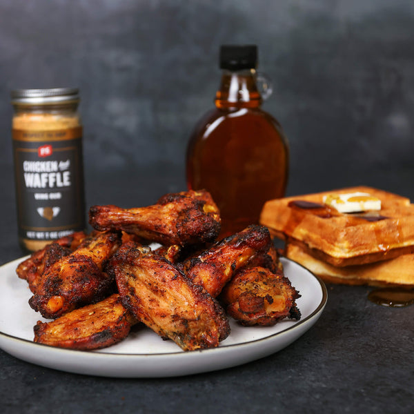 Chicken and Waffle Wing Rub with chicken wings, syrup and waffles