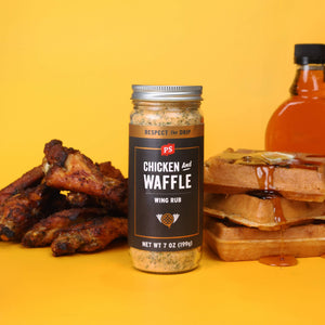Chicken and Waffle wing rub bottle with chicken wings and waffles
