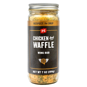 PS Seasoning Chicken and Waffle Wing Rub — sweet-smoky maple bourbon chicken wing dry rub with hickory and chili in shaker bottle