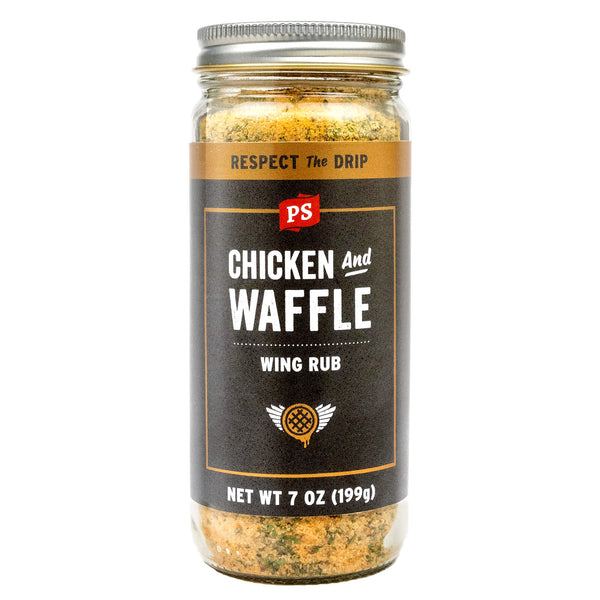 PS Seasoning Chicken and Waffle Wing Rub — sweet-smoky maple bourbon chicken wing dry rub with hickory and chili in shaker bottle