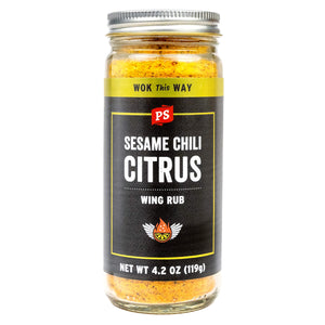PS Seasoning Sesame Chili Citrus Wing Rub — Asian-inspired chicken wing dry rub with toasted sesame, gochugaru chili, and citrus in shaker bottle