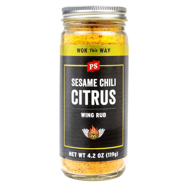 PS Seasoning Sesame Chili Citrus Wing Rub — Asian-inspired chicken wing dry rub with toasted sesame, gochugaru chili, and citrus in shaker bottle