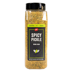 Spicy Pickle wing rub container with black lid on a white background