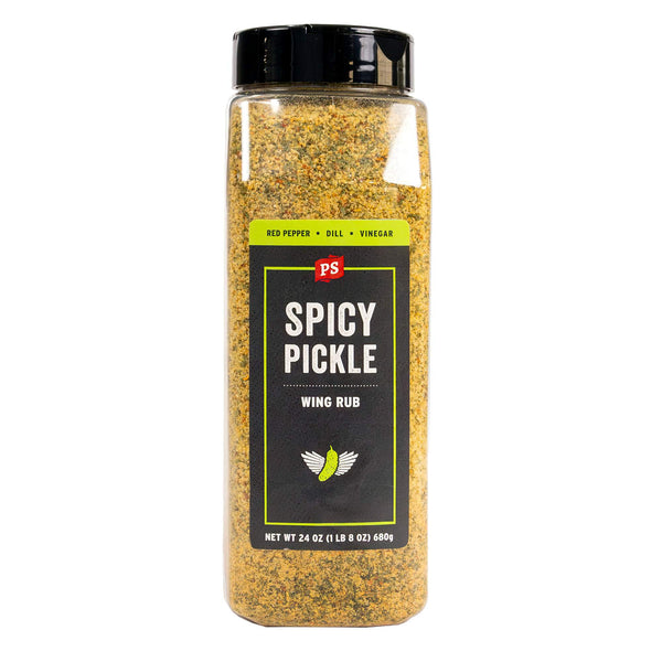 Spicy Pickle wing rub container with black lid on a white background