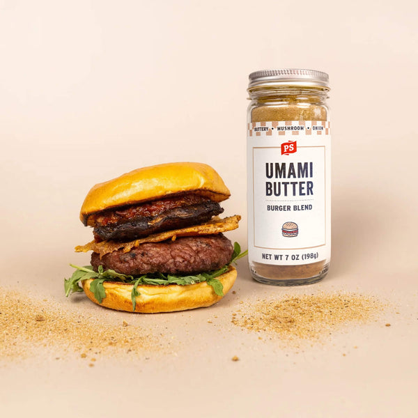 Burger with a jar of 'PS Umami Butter' on a beige background
