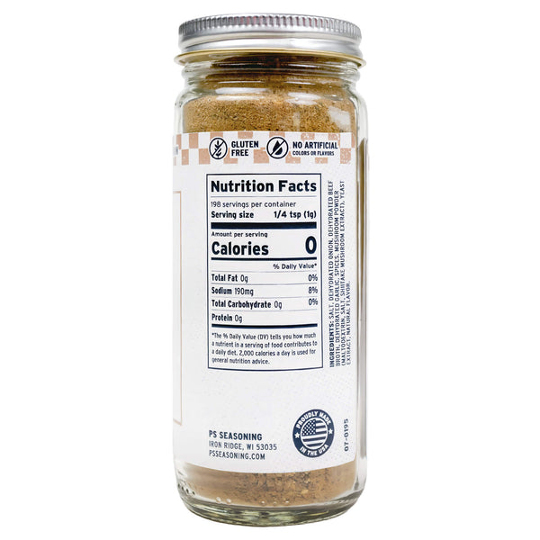 Glass jar of seasoning with a nutrition facts label on a white background