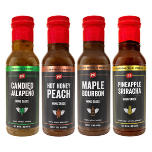 Wing Sauce 4 Pack - which includes Candied Jalapeno, Hot Honey Peach, Maple Bourbon, and Pineapple Sriracha.