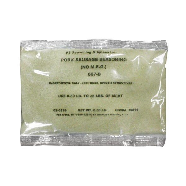 Packaged Fresh Pork Sausage Seasoning with list of ingredients attached. Ingredients include salt, dextrose, spice extractives.