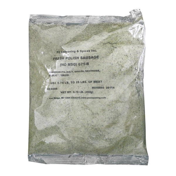 Packaged Fresh Polish Sausage Seasoning ready to be shipped and delivered. Attached are the ingredients that go into making this product which includes salt, spices, dextrose, and garlic.