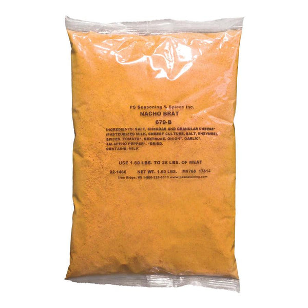 Package of Nacho Bratwurst Seasoning ready to be shipped and delivered. Attached is the ingredients list for what goes into making this delicious, yet unique, sausage.