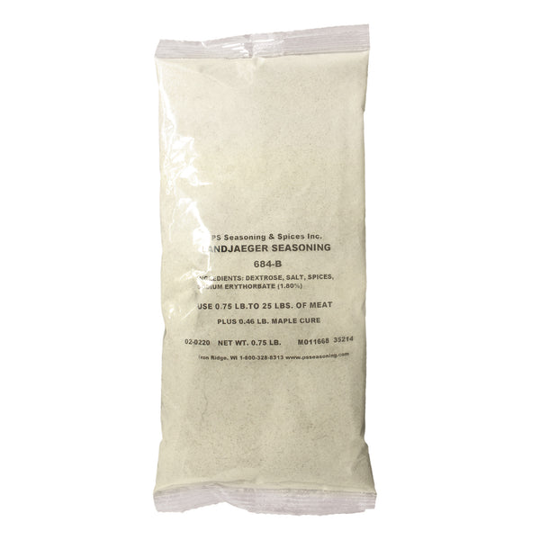 Packaged Landjaeger Snack Stick Seasoning. Ingredients include dextrose, salt, spices, sodium erythorbate.
