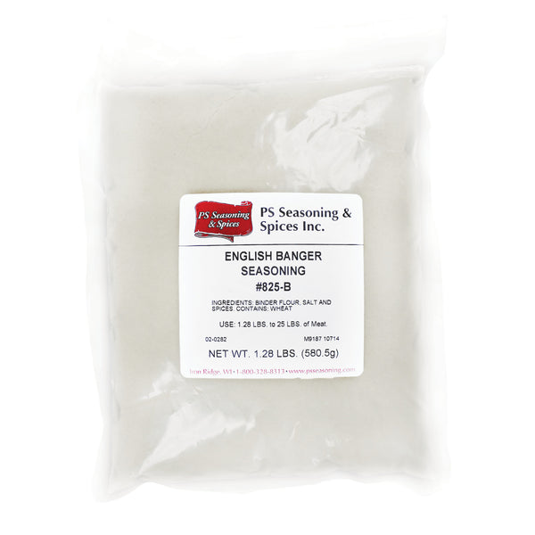 Packaged English Banger Fresh Sausage Seasoning with the ingredient list attached. Ingredients include flour, salt, spices, and wheat.
