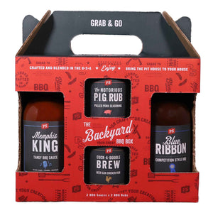 PS Seasoning The Backyard BBQ Box — BBQ rub and sauce gift set with Notorious P.I.G., Cock-A-Doodle Brew, Blue Ribbon, and Memphis King

