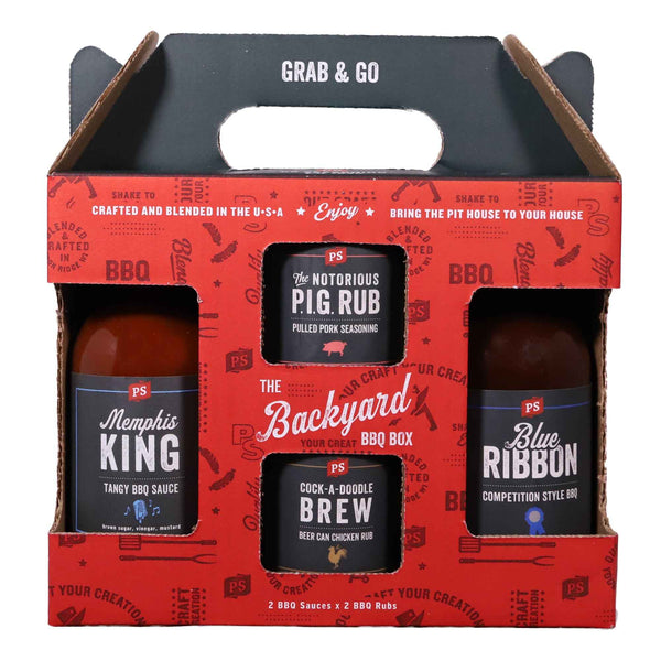 PS Seasoning The Backyard BBQ Box — BBQ rub and sauce gift set with Notorious P.I.G., Cock-A-Doodle Brew, Blue Ribbon, and Memphis King
