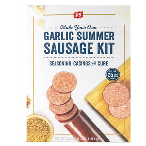 PS Seasoning Garlic Summer Sausage Kit — complete 25 lb summer sausage kit with No. 405 Garlic seasoning, maple cure, and 2 mahogany fibrous casings
