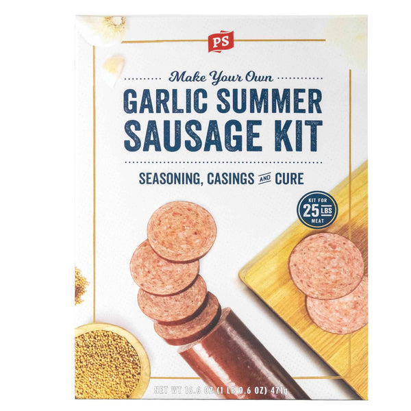 PS Seasoning Garlic Summer Sausage Kit — complete 25 lb summer sausage kit with No. 405 Garlic seasoning, maple cure, and 2 mahogany fibrous casings
