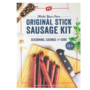 PS Seasoning Snack Stick Kit — complete 25 lb kit with No. 769 Willie's seasoning, speed cure, and smoke collagen casings for homemade venison, beef, and pork snack sticks
